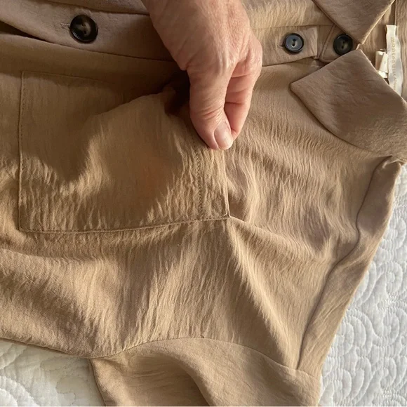 Monteau Crinkle Shirt Dress Tan Knee Length Roll Tab 3/4 Sleeves Size Small - Picture 7 of 14